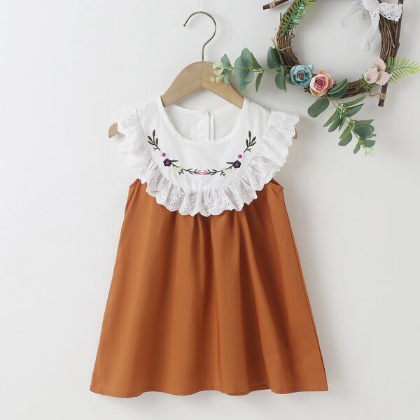 

Toddler Girls Floral Embroidery Schiffy Panel Dress, Brown