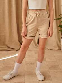 SHEIN Girls Contrast Tipping Track Shorts - Khaki - View 3