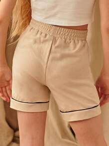 SHEIN Girls Contrast Tipping Track Shorts - Khaki - View 2