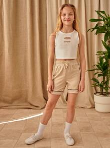 SHEIN Girls Contrast Tipping Track Shorts - Khaki - View 4