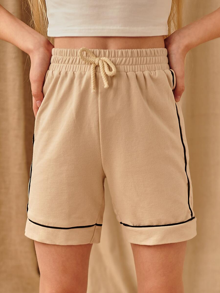 SHEIN Girls Contrast Tipping Track Shorts - Khaki - View 1
