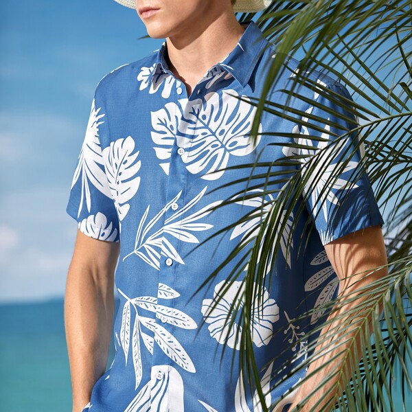 

Men Tropical Print Shirt, Blue