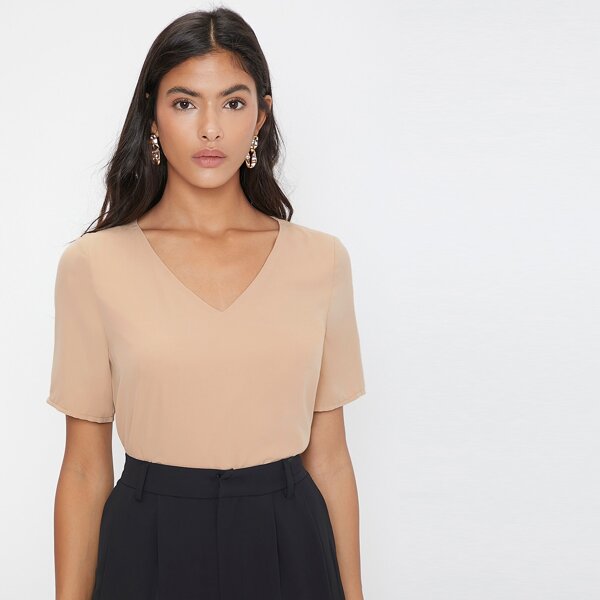 

V-neck Solid Top, Apricot