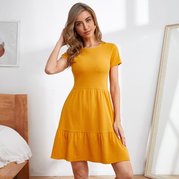 

Solid Ruffle Hem A-line Dress, Yellow