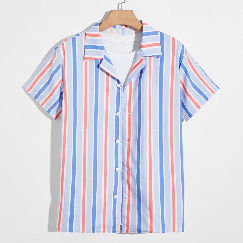 

Guys Vertical Striped Lapel Neck Shirt, Multicolor