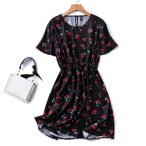 

Plus Cherry Print Butterfly Sleeve Dress, Black