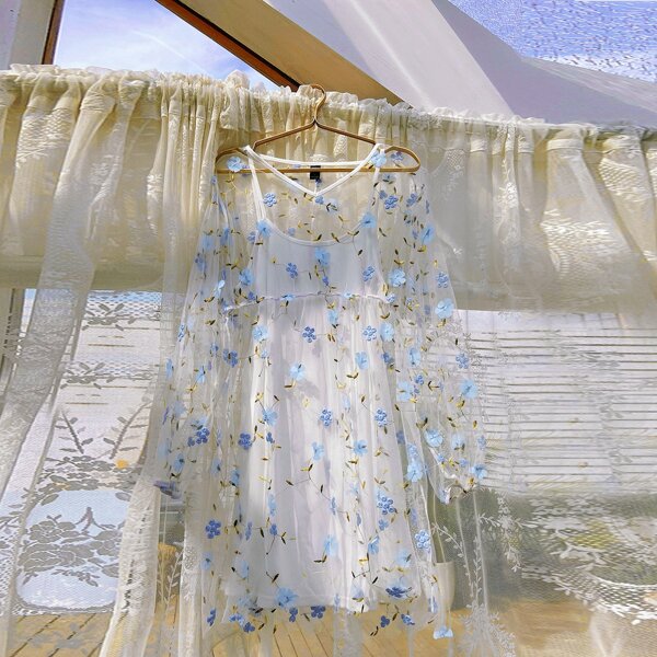 

Plus Cami Dress & Floral Embroidery Mesh Cover Up, Baby blue