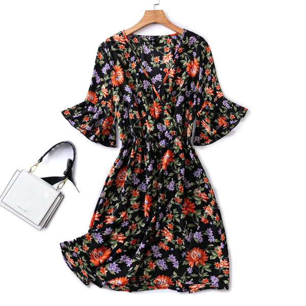 

Plus Allover Floral Wrap A-line Dress, Multicolor