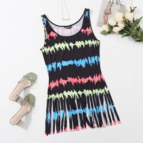 

Plus Graphic Print Fringe Hem Tank Top, Multicolor