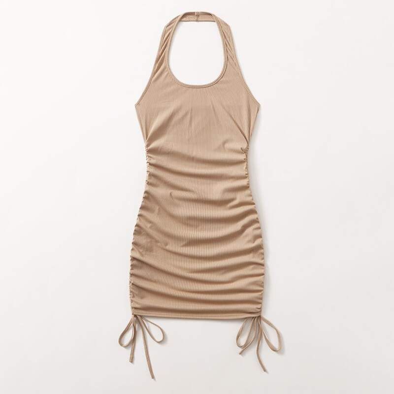 

Solid Drawstring Ruched Halter Dress, Khaki
