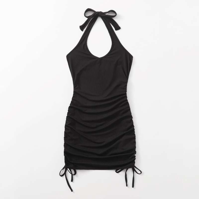 

Solid Drawstring Ruched Halter Dress, Black
