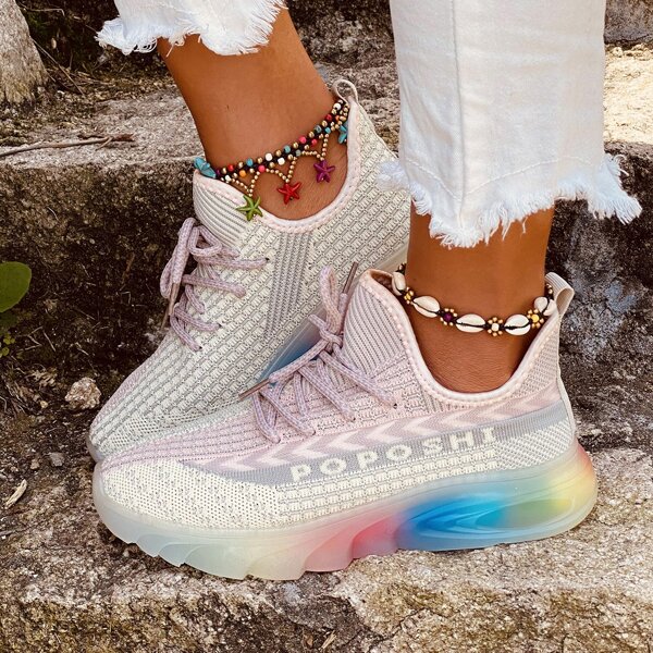 

Lace Up Decor Knit Sneakers, Pink