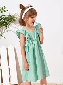 SHEIN 小女童蝴蝶袖波卡圓點洋裝 - 薄荷綠 - 查看 1