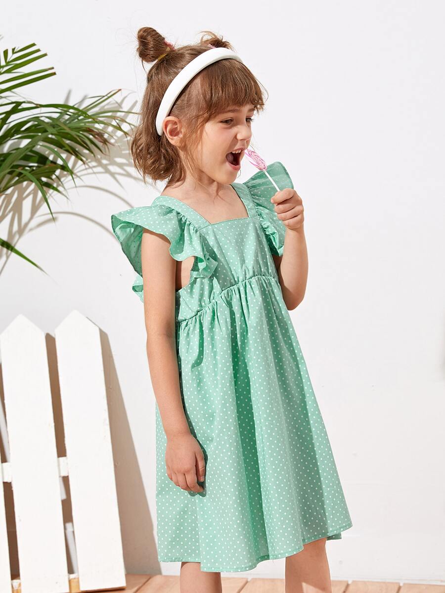 SHEIN 小女童蝴蝶袖波卡圓點洋裝 - 薄荷綠 - 查看 1