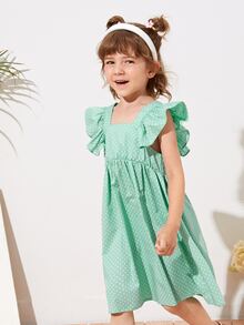 SHEIN 小女童蝴蝶袖波卡圓點洋裝 - 薄荷綠 - 查看 3
