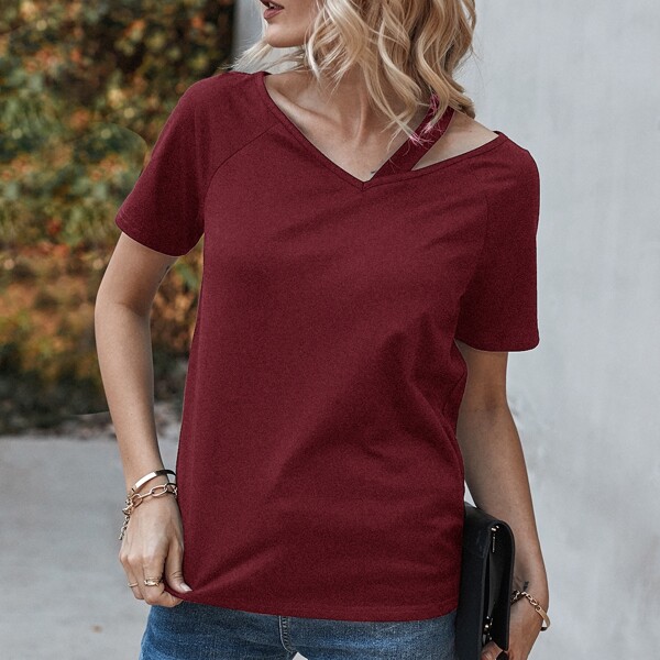 

Asymmetrical Neck Raglan Sleeve Tee, Burgundy