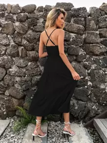 Criss Cross Back Swing Cami Dress - Black - View 2