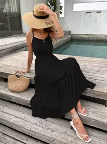 Criss Cross Back Swing Cami Dress - Black - View 4