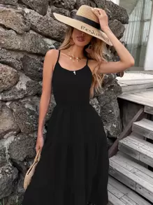 Criss Cross Back Swing Cami Dress - Black - View 5