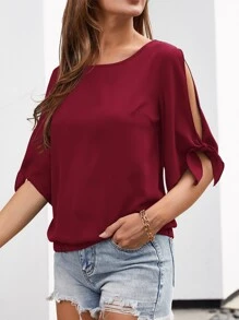 Áo sơ mi Thắt nút màu trơn Giải trí - Màu Đỏ Sâu - Xem 1