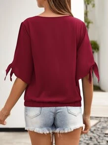 Áo sơ mi Thắt nút màu trơn Giải trí - Màu Đỏ Sâu - Xem 2