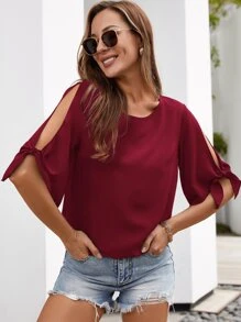 Áo sơ mi Thắt nút màu trơn Giải trí - Màu Đỏ Sâu - Xem 3