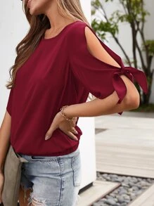 Áo sơ mi Thắt nút màu trơn Giải trí - Màu Đỏ Sâu - Xem 4