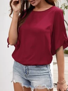 Áo sơ mi Thắt nút màu trơn Giải trí - Màu Đỏ Sâu - Xem 5