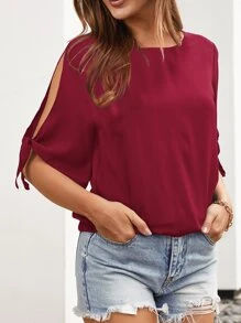 Áo sơ mi Thắt nút màu trơn Giải trí - Màu Đỏ Sâu - Xem 6