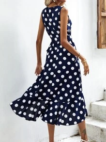 SHEIN Clasi Polka Dot Knot Side Wrap Dress - Navy Blue - View 2