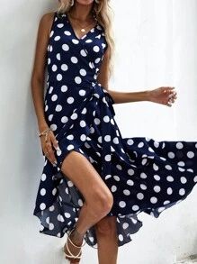 SHEIN Clasi Polka Dot Knot Side Wrap Dress - Navy Blue - View 5