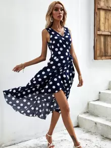 SHEIN Clasi Polka Dot Knot Side Wrap Dress - Navy Blue - View 6