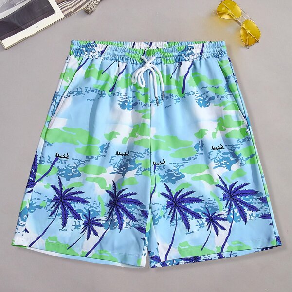 

Men Landscape Print Drawstring Shorts, Multicolor