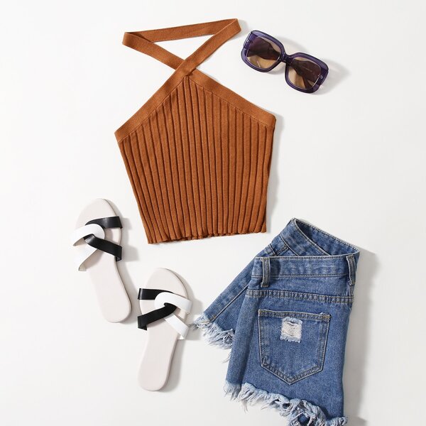 

Halter Neck Crop Ribbed Knit Top, Rust brown