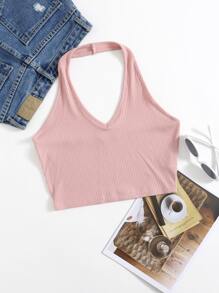 SHEIN EZwear Rib-Knit Crop Halter Top - Dusty Pink - View 1