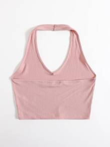 SHEIN EZwear Rib-Knit Crop Halter Top - Dusty Pink - View 2