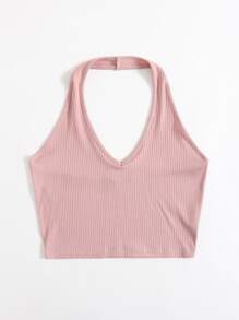 SHEIN EZwear Rib-Knit Crop Halter Top - Dusty Pink - View 3