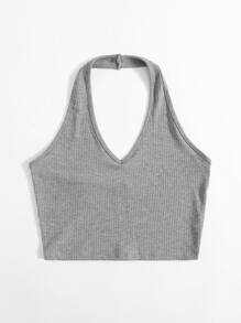 SHEIN Muchic 羅紋針織短版繞頸上衣 - 灰色 - 查看 5