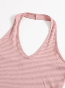 SHEIN EZwear Rib-Knit Crop Halter Top - Dusty Pink - View 5