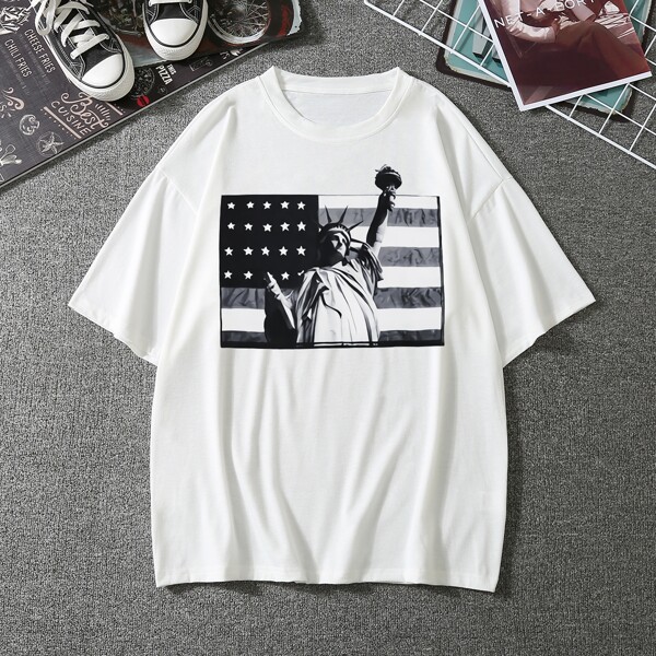 

Men Statue Of Liberty & American Flag Print Tee, White