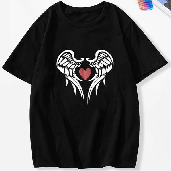 

Men Wings And Heart Print Tee, Black