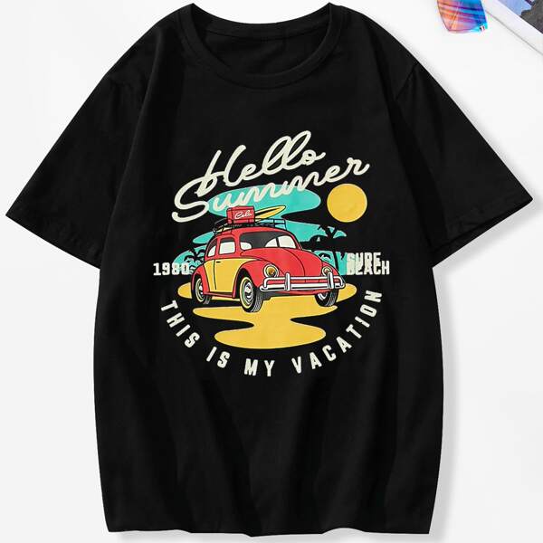 

Men Slogan And Car Print Tee, Black