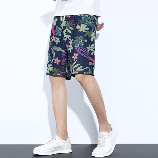 

Men Floral Print Drawstring Waist Shorts, Multicolor