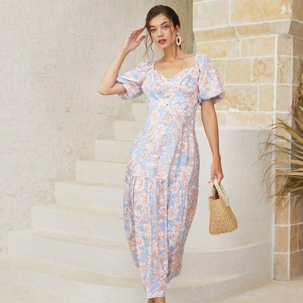 

Floral Print Sweetheart Neck Button Front A-line Dress, Multicolor