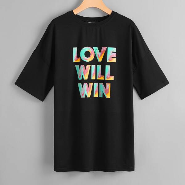 

Drop Shoulder Slogan Graphic Tee, Black