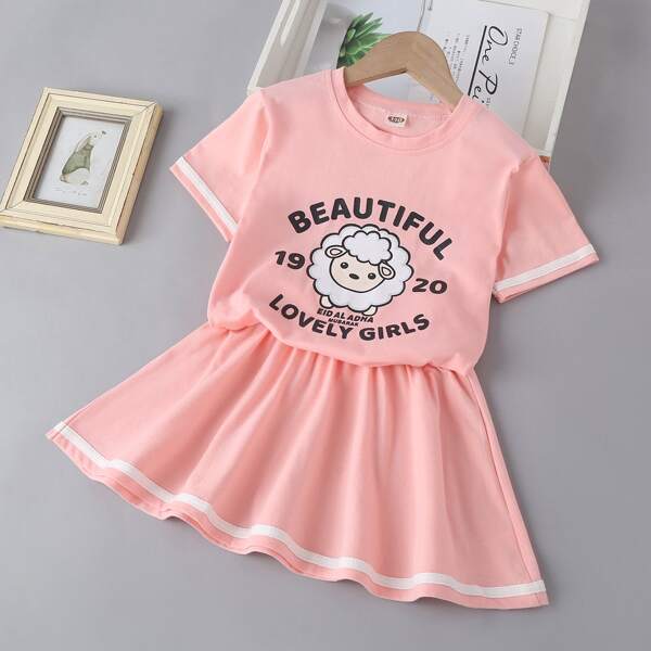 

Toddler Girls Sheep Letter Graphic Tee With Skirt, Coral pink