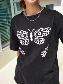 DAZY Camiseta de hombros caídos con estampado de mariposa - Negro - Ver 3