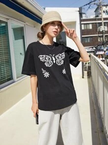 DAZY Camiseta de hombros caídos con estampado de mariposa - Negro - Ver 6