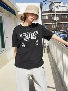 DAZY Camiseta de hombros caídos con estampado de mariposa - Negro - Ver 7