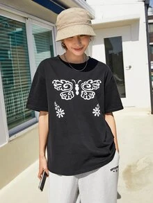 DAZY Camiseta de hombros caídos con estampado de mariposa - Negro - Ver 8